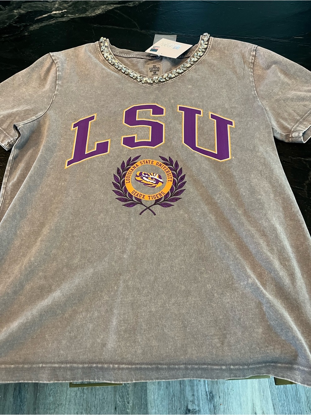 LSU Embellished Gray Short Sleeve Tee with Rhinestone Neckline